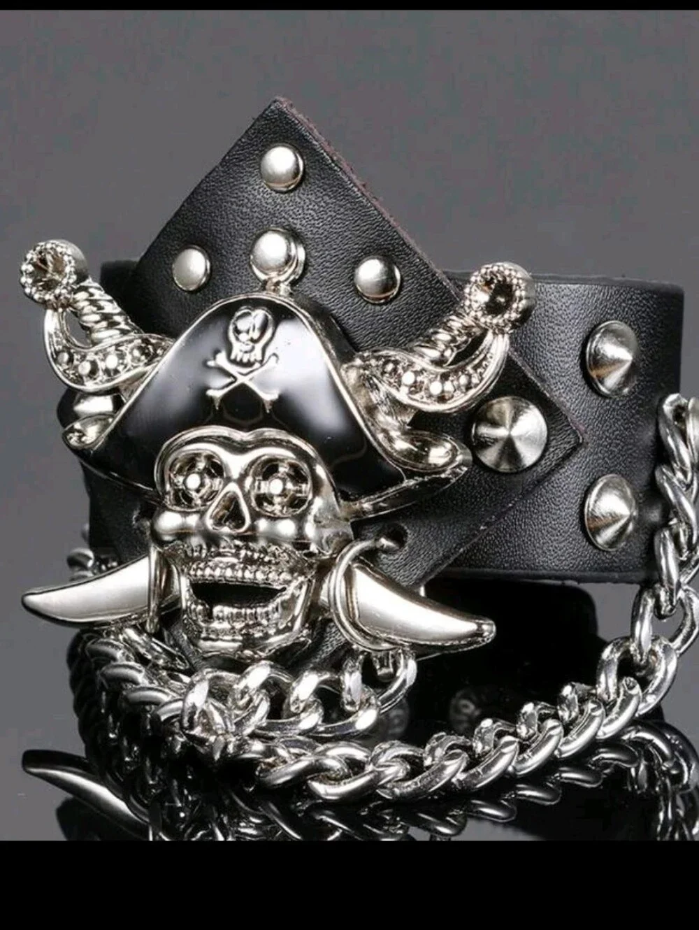 Pirate Skull Studded Leather Bracelet with Chain - Black